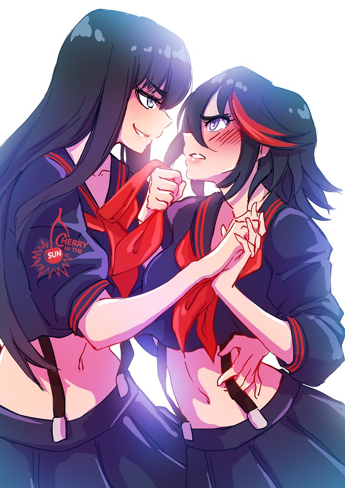 2girls, artist_logo, artist_name, black_hair, black_shirt, black_skirt, blush, cherry_in_the_sun, clothes_grab, female_focus, from_side, grin, incest, kill_la_kill, kiryuuin_satsuki, logo, looking_at_another, matoi_ryuuko, medium_hair, multicolored_hair, multiple_girls, navel, neckerchief, neckerchief_grab, pleated_skirt, profile, red_hair, red_neckerchief, senketsu, shirt, short_sleeves, siblings, simple_background, sisters, skirt, smile, stomach, streaked_hair, suspenders, teeth, yuri