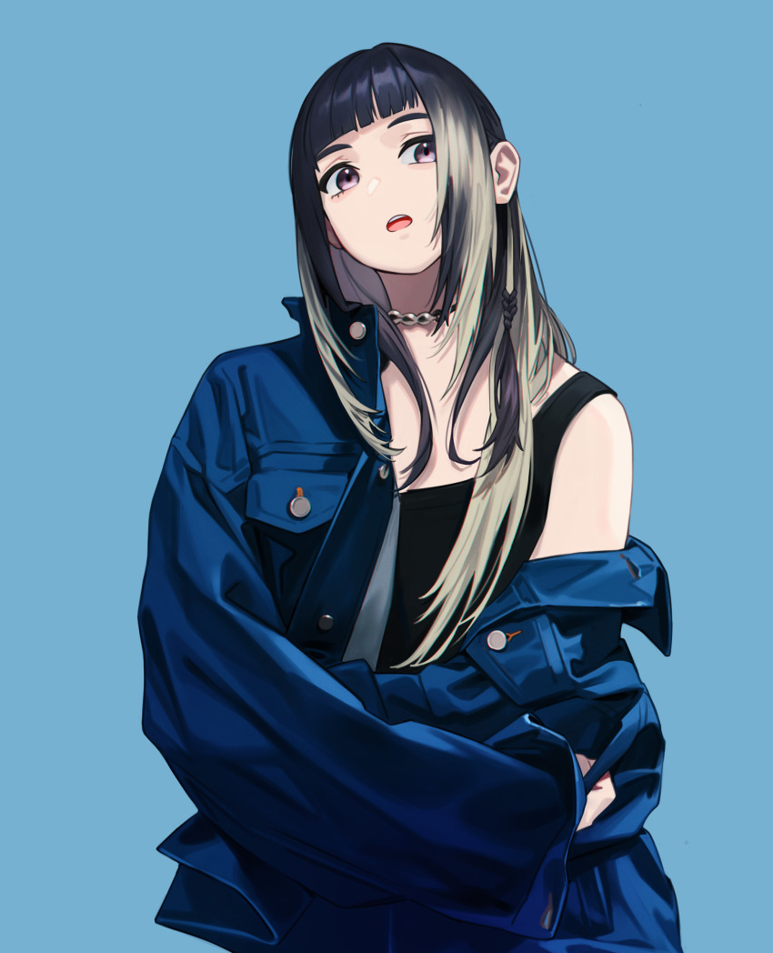 1girl, :o, absurdres, black_eyes, black_hair, black_shirt, blonde_hair, blue_background