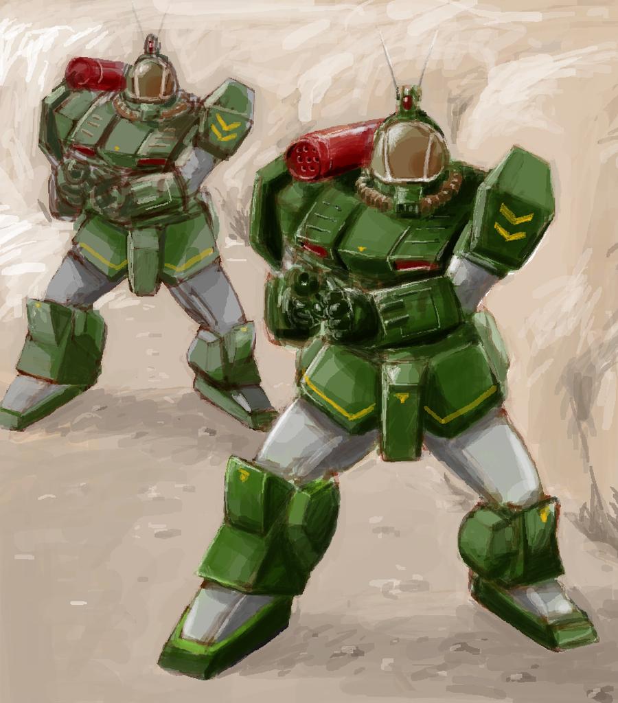 1980s_(style), gun, itsuka_(ituka), launcher, mecha, missile, no_humans, oekaki, oldschool, retro_artstyle, rifle, robot, soltic, soltic_h8_roundfacer, taiyou_no_kiba_dougram, weapon