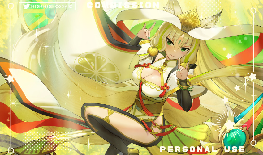 1girl, animal_ear_fluff, animal_ears, arahime_the_manifested_mikanko, breasts, cleavage, commission, duel_monster, facial_mark, feet_out_of_frame, forehead_mark, fox_ears, fox_shadow_puppet, green_eyes, green_hair, green_nails, hands_up, highres, hsin, hu-li_the_jewel_mikanko, large_breasts, long_hair, long_sleeves, nail_polish, nontraditional_miko, smile, solo, very_long_hair, watermark, wide_sleeves, yu-gi-oh!