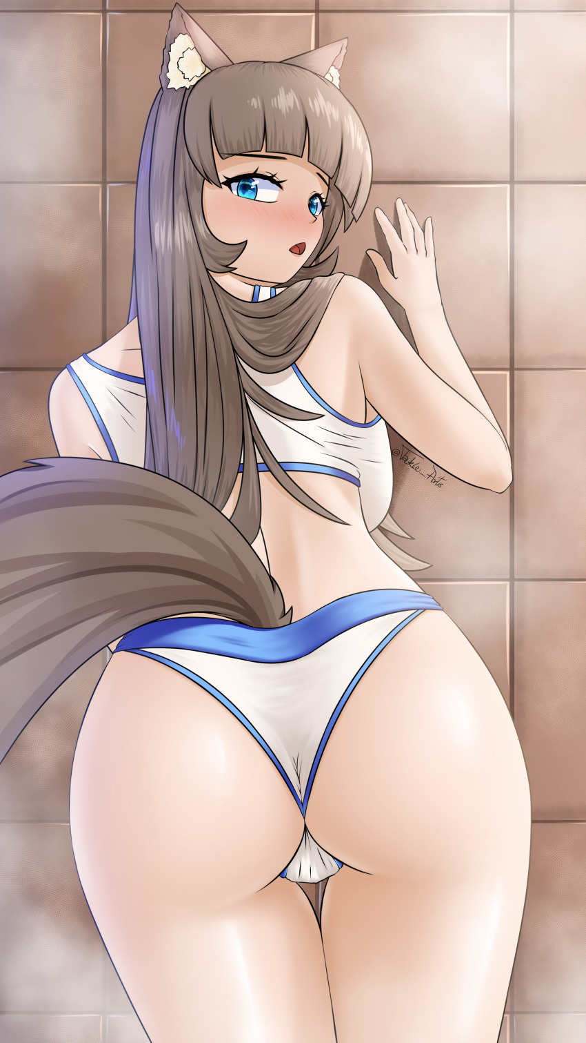 1girl, :o, absurdres, animal_ear_fluff, animal_ears, ass, backboob, bent_over