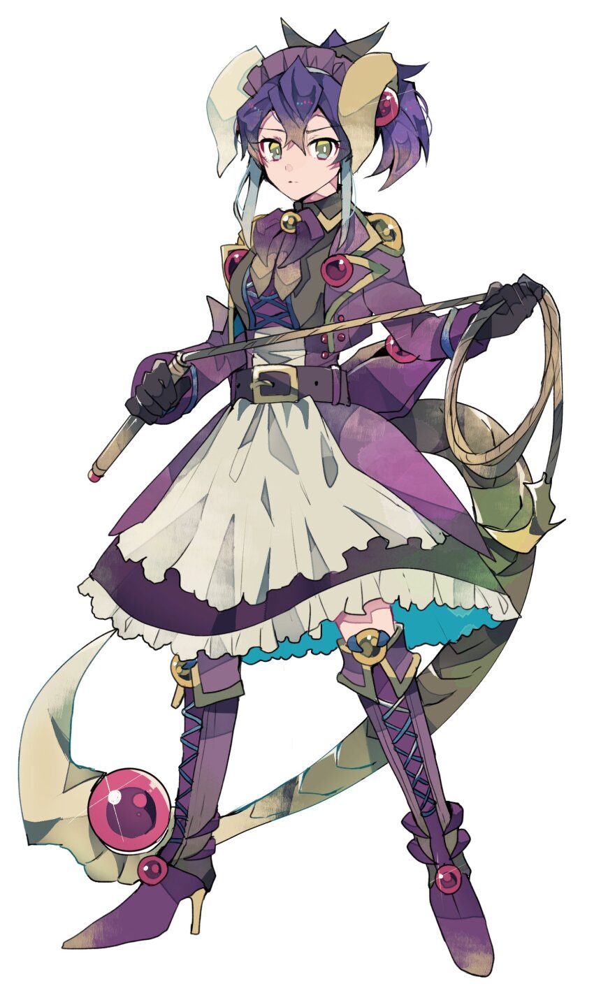 1girl, absurdres, apron, belt, belt_buckle, blue_hair, boots, buckle, closed_mouth, cosplay, dragon_girl, dragon_horns, dragon_tail, dragonmaid_(yu-gi-oh!), dress, frilled_dress, frills, full_body, gloves, gradient_hair, green_eyes, high_heel_boots, high_heels, highres, holding, holding_whip, horns, humanization, kobayashi-san_chi_no_maidragon, lace-up_boots, looking_at_viewer, maid_apron, maid_headdress, multicolored_hair, purple_hair, simple_background, solo, standing, starving_venom_fusion_dragon, starving_venom_fusion_dragon_(cosplay), tail, teketeke_(tasutekete), thigh_boots, white_background, yu-gi-oh!, yu-gi-oh!_arc-v