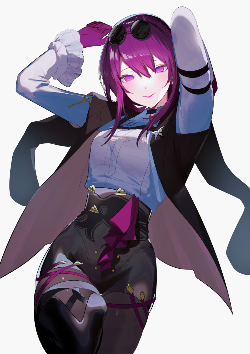 1girl, absurdres, arm_strap, arms_up, black_jacket, black_pantyhose, black_shorts, chest_strap