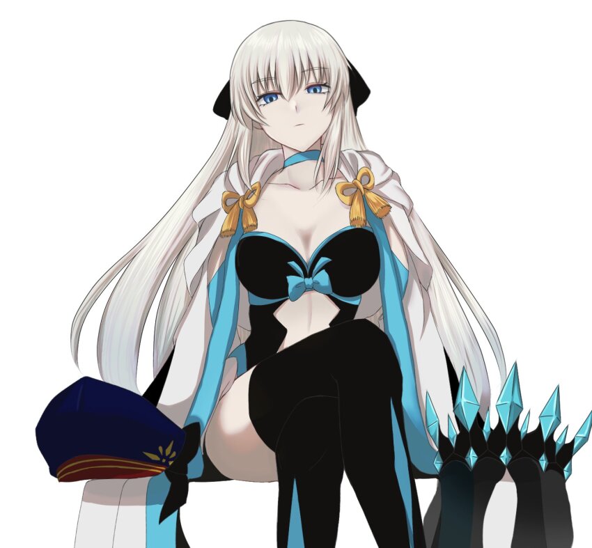 aesc_(fate), artoria_caster_(fate), artoria_caster_(second_ascension)_(fate), artoria_pendragon_(fate), beret, black_bow, blue_bow, blue_choker, blue_eyes, blue_ribbon, bow, breasts, choker, crown, dress, fate/grand_order, fate_(series), grey_hair, hair_between_eyes, hair_bow, hat, highres, kawairuka_ko, large_breasts, long_hair, long_sleeves, morgan_le_fay_(fate), morgan_le_fay_(second_ascension)_(fate), open_clothes, open_dress, ribbon, thighhighs, very_long_hair, white_background, yellow_bow