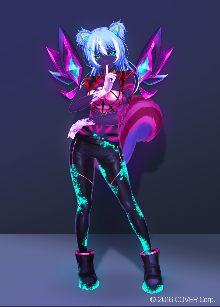 1girl, animal_ears, ayunda_risu, bare_shoulders, black_gloves, black_pants, breasts, brown_tail