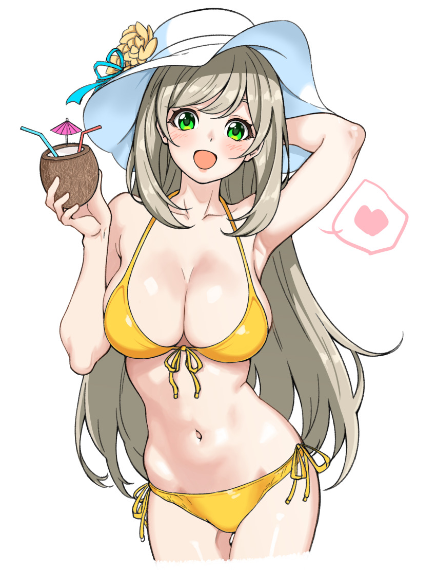 1girl, absurdres, aqua_ribbon, arm_behind_head, arm_up, armpits, bikini, blue_archive