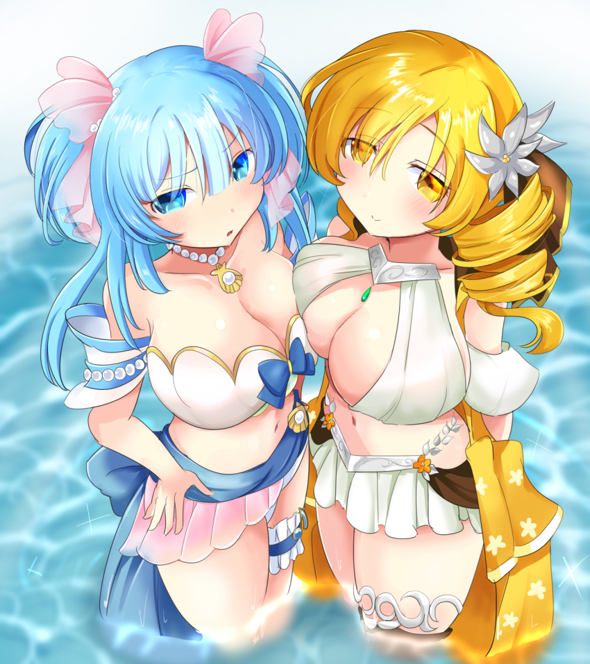 2girls, asymmetrical_docking, bad_source, bikini, blue_eyes, blue_hair, breast_press, breasts, cleavage, cleavage_cutout, clothing_cutout, frilled_bikini, frills, hair_ornament, highres, large_breasts, light_blue_hair, looking_at_viewer, magia_record:_mahou_shoujo_madoka_magica_gaiden, magical_girl, mahou_shoujo_madoka_magica, minami_rena, minami_rena_(swimsuit_costume), minami_rena_(swimsuit_ver.), multiple_girls, navel, ocean, open_mouth, outdoors, pink_scrunchie, scrunchie, swimsuit, symmetrical_docking, tomoe_mami, twintails, water, white_bikini, yokumo