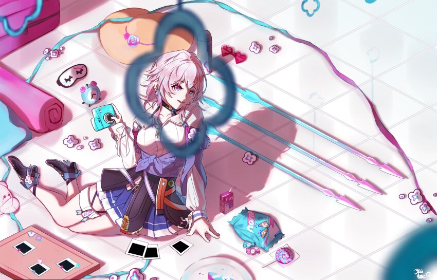 arrow_(projectile), blue_eyes, chips_(food), flower, food, highres, honkai:_star_rail, honkai_(series), jacket, kiekoio, march_7th_(honkai:_star_rail), march_7th_(preservation)_(honkai:_star_rail), miniskirt, open_mouth, pink_eyes, pink_hair, polaroid_photo, potato_chips, skirt, snack, tied_jacket