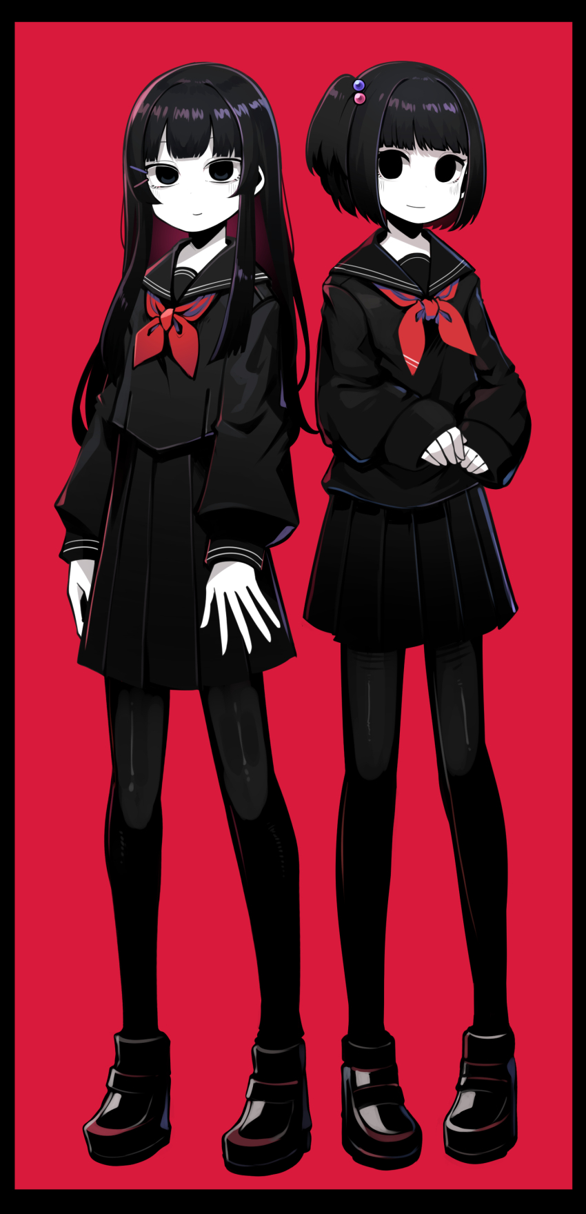 2girls, absurdres, amemori_sayo, amemori_sayo_(1st_costume), black_border, black_eyes, black_footwear, black_hair