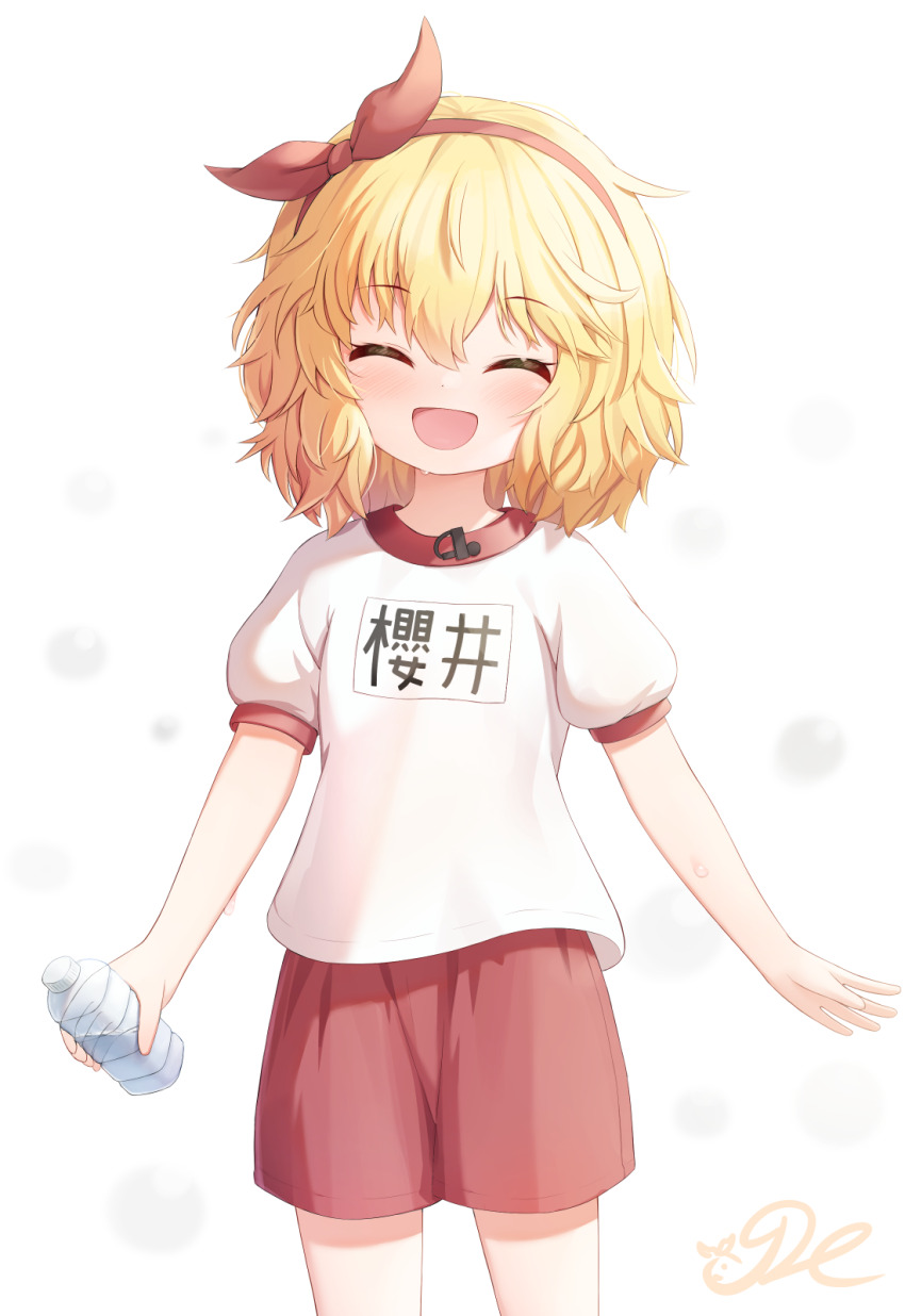 1girl, ^_^, blush, bottle, closed_eyes, cowboy_shot, gym_uniform, hairband, highres, holding, holding_bottle, idolmaster, idolmaster_cinderella_girls, idolmaster_cinderella_girls_u149, j2l, lavalier_microphone, microphone, name_tag, red_hairband, red_shorts, sakurai_momoka, short_sleeves, shorts, signature, simple_background, smile, solo, sweatdrop, translated, water_bottle, white_background