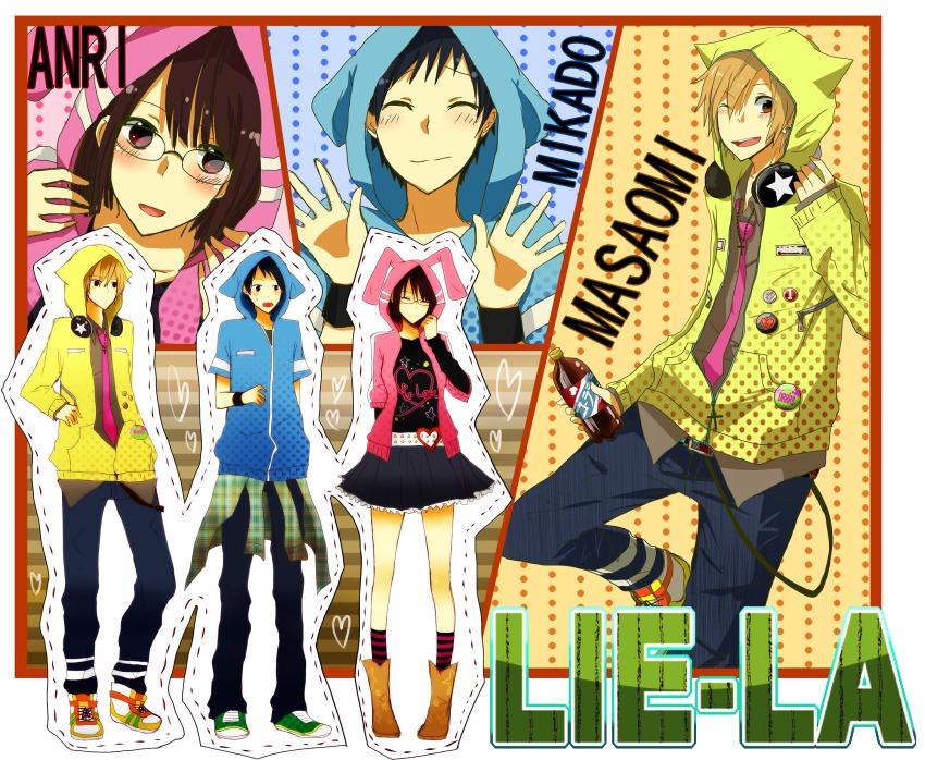 1girl, 2boys, alternate_costume, animal_ears, animal_hood, bad_id, bad_pixiv_id, black_hair