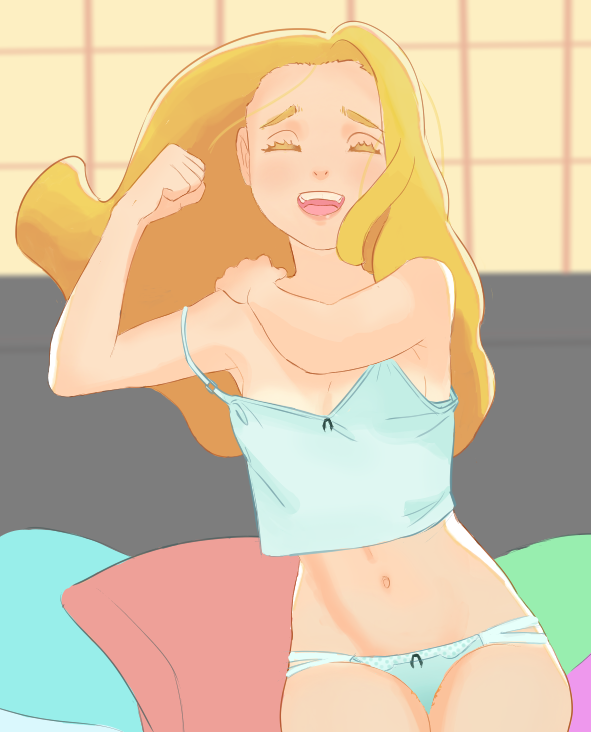belly, blind, blonde_hair, closed_eyes, flexing, happy, laughing, long_hair