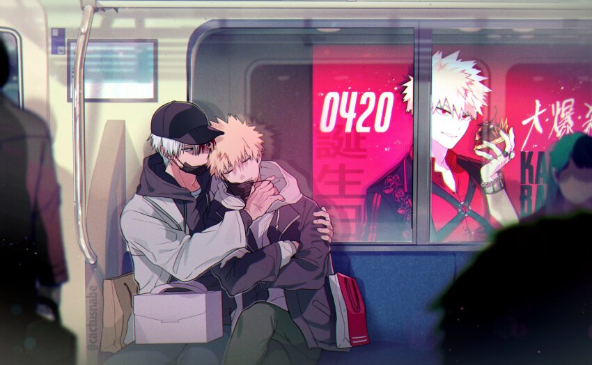 2boys, 3others, artist_name, bag, bakugou_katsuki, baseball_cap, black_headwear, black_hoodie, black_mask, blonde_hair, blue_eyes, blue_jacket, blue_pants, blurry, blurry_foreground, boku_no_hero_academia, cactusnabe, closed_eyes, commentary_request, crossed_arms, crossed_legs, dated, depth_of_field, drawstring, green_pants, hair_between_eyes, hat, heterochromia, highres, hood, hood_down, hoodie, jacket, long_sleeves, looking_at_another, male_focus, mask, mask_pull, mouth_mask, multicolored_hair, multiple_boys, multiple_others, open_clothes, open_jacket, pants, parted_lips, purple_eyes, red_hair, shopping_bag, short_hair, sitting, sleeping, spiked_hair, split-color_hair, todoroki_shoto, train, train_interior, twitter_username, two-tone_hair, white_hair, white_hoodie, white_jacket, window, yaoi