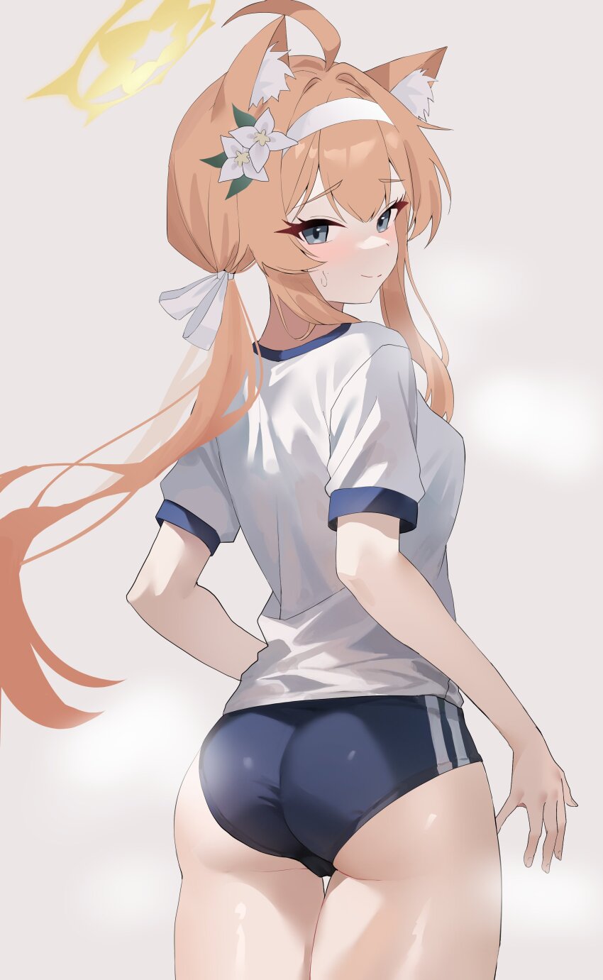 1girl, absurdres, ahoge, animal_ear_fluff, animal_ears, ass, asymmetrical_sidelocks, blue_archive, blue_buruma, blue_eyes, blush, buruma, closed_mouth, flower, gym_uniform, hair_flower, hair_ornament, hairband, halo, highres, long_hair, looking_at_viewer, low_ponytail, mari_(blue_archive), mari_(track)_(blue_archive), minojko112, official_alternate_costume, orange_hair, ponytail, shirt, short_sleeves, sidelocks, simple_background, smile, solo, split_mouth, sweatdrop, turning_head, white_background, white_flower, white_hairband, white_shirt, yellow_halo