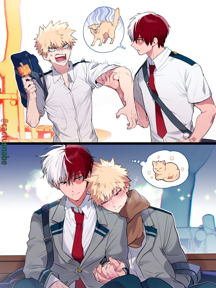2boys, :3, anger_vein, angry, arm_grab, artist_name, bag, bakugou_katsuki, blank_eyes, blazer, blonde_hair, blue_bag, blue_eyes, blush, boku_no_hero_academia, brown_scarf, burn_scar, buttons, cactusnabe, cat, collared_shirt, commentary_request, couple, flower_symbol, food, grey_jacket, hair_between_eyes, hand_up, head_on_another's_shoulder, highres, holding, holding_food, holding_hands, jacket, lapels, long_sleeves, looking_at_another, male_focus, multicolored_hair, multiple_boys, necktie, nose_blush, one_eye_closed, open_mouth, parted_lips, popsicle, red_hair, red_necktie, scar, scar_on_face, scarf, school_bag, school_uniform, shirt, short_sleeves, shoulder_bag, sideways_glance, simple_background, sitting, smile, sparkle, speech_bubble, spiked_hair, split-color_hair, split_mouth, standing, teeth, thought_bubble, todoroki_shoto, tongue, twitter_username, two-tone_hair, u.a._school_uniform, v-shaped_eyebrows, white_background, white_hair, white_shirt, wing_collar, yaoi