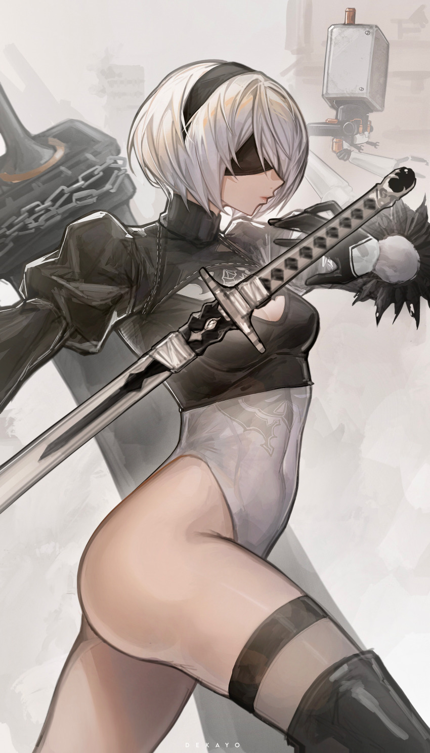 1girl, 2b_(nier:automata), absurdres, artist_name, ass, black_gloves, black_hairband, black_shirt, blindfold, breasts, chain, cleavage_cutout, closed_mouth, clothing_cutout, commentary, covered_eyes, covered_navel, deka_yo, feather-trimmed_sleeves, gloves, greatsword, hairband, highleg, highleg_leotard, highres, juliet_sleeves, katana, leotard, lips, long_sleeves, medium_breasts, nier:automata, nier_(series), pink_lips, pod_(nier:automata), profile, puffy_sleeves, shirt, short_hair, sword, thighs, weapon, white_hair, white_leotard