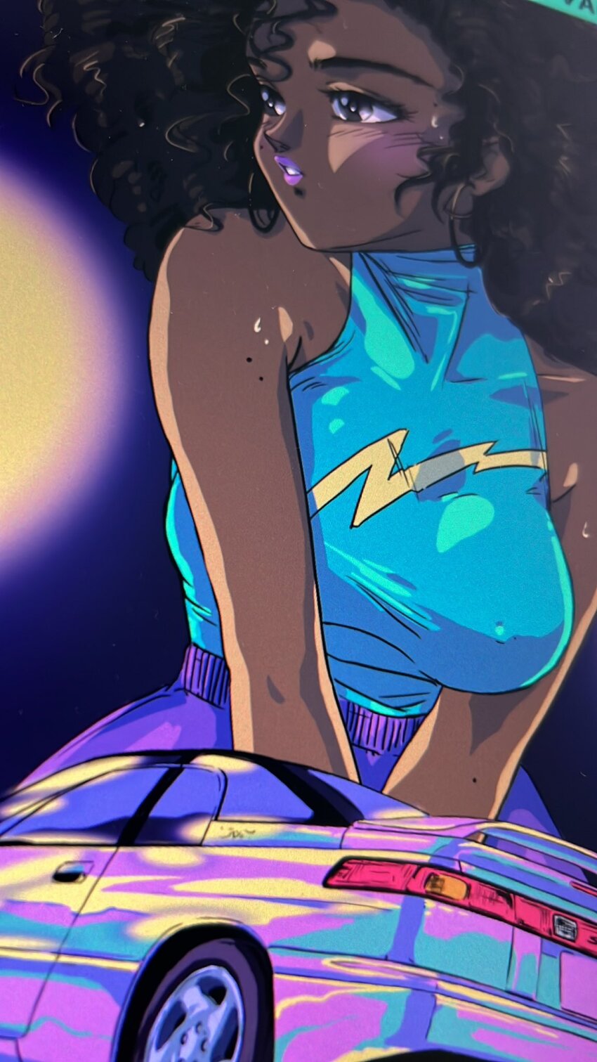 1980s_(style), 1girl, blush, brown_eyes, brown_hair, collarbone, commentary, covered_erect_nipples