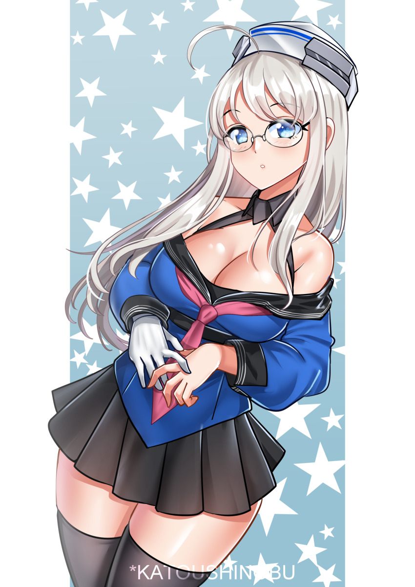 1girl, absurdres, ahoge, black_skirt, black_thighhighs, blue_eyes, breasts, cleavage