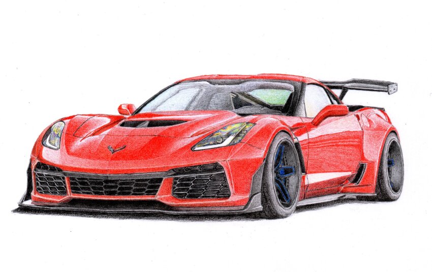 car, chevrolet, chevrolet_corvette, chevrolet_corvette_c7, colored_pencil_(medium), highres, motor_vehicle, no_humans, original, red_car, shadow, solo, spoiler_(automobile), sports_car, sting_custom, traditional_media, vehicle_focus, white_background