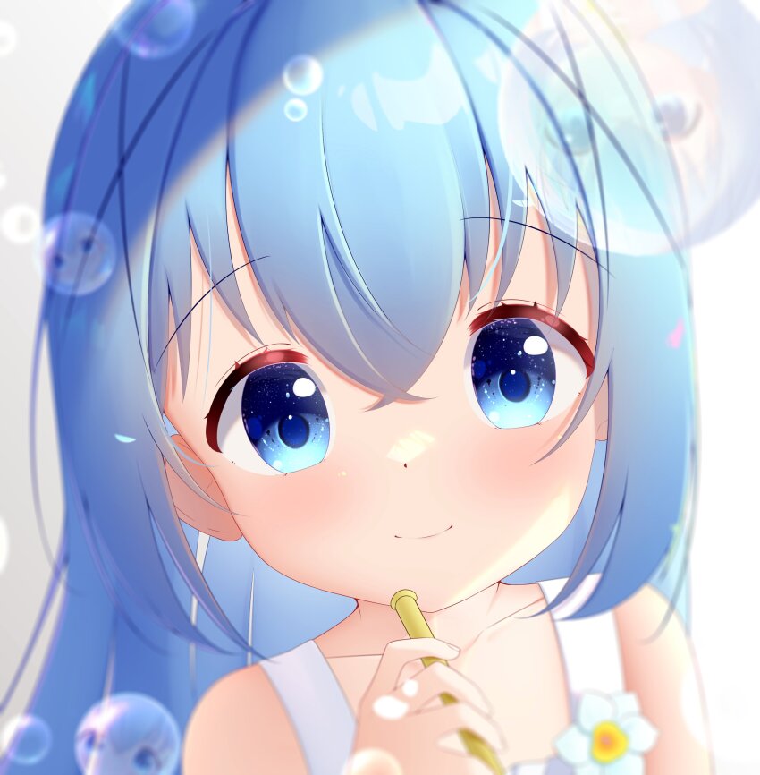 absurdres, blue_eyes, blue_hair, bubble, child, collarbone, commentary_request, dian_zhi_sang