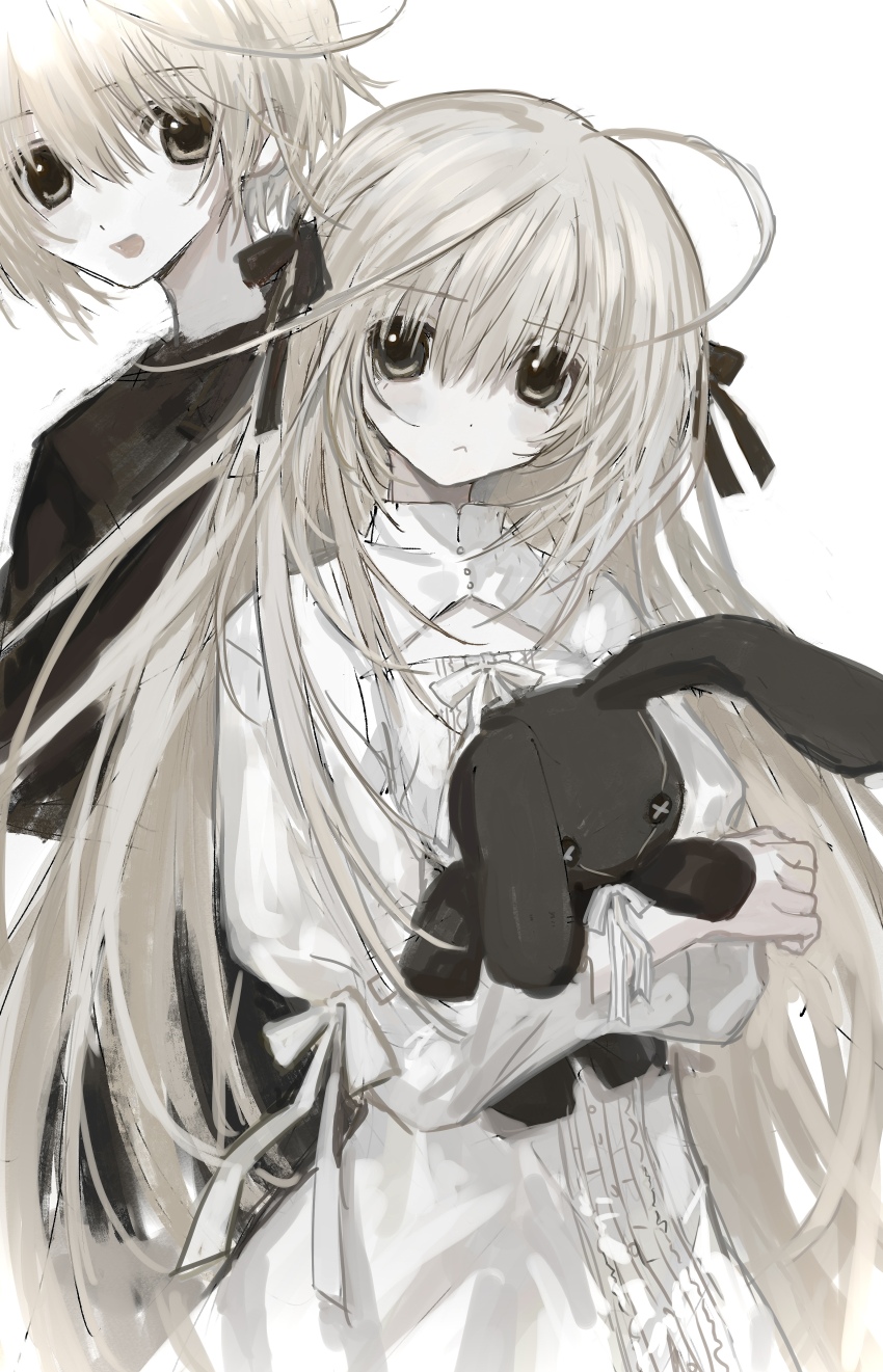 1boy, 1girl, :<, absurdres, ahoge, behind_another, black_ribbon, black_shirt