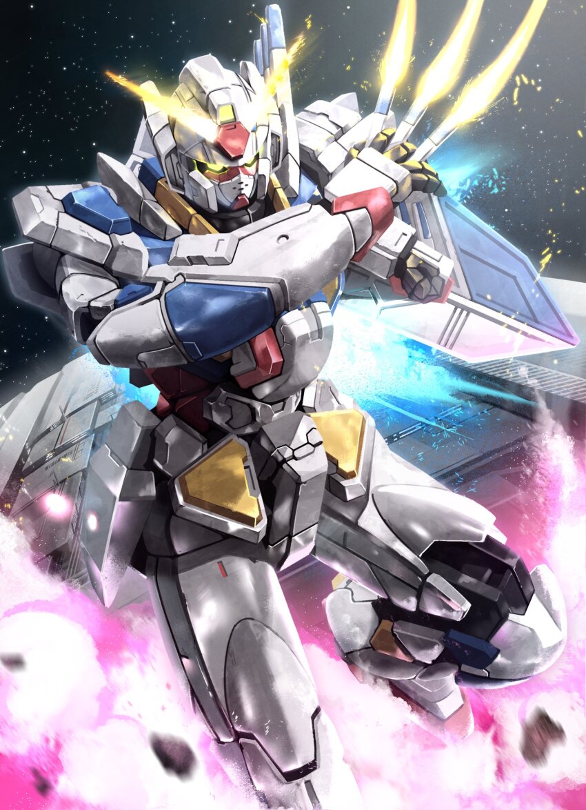 character_request, commentary_request, copyright_request, glowing, glowing_eyes, gundam, gunpla_builders_beginning_g, highres