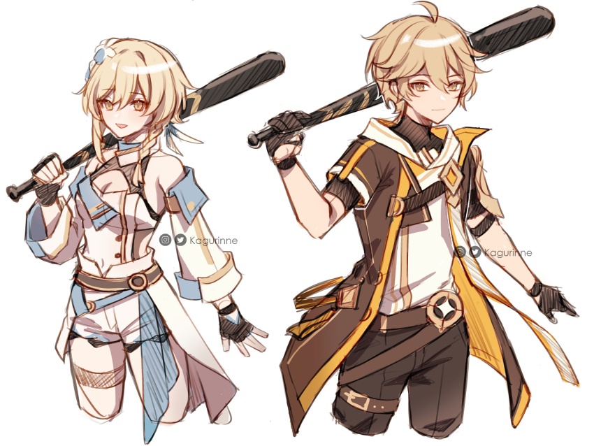 1boy, 1girl, adapted_costume, aether_(genshin_impact), ahoge, alternate_hair_length, alternate_hairstyle, artist_name, bare_shoulders, belt, black_gloves, black_pants, blonde_hair, braid, breasts, brother_and_sister, brown_belt, brown_coat, brown_eyes, closed_mouth, coat, cropped_legs, detached_sleeves, feather_hair_ornament, feathers, flower, genshin_impact, gloves, grey_belt, hair_between_eyes, hair_flower, hair_ornament, hand_up, highres, holding, holding_weapon, honkai:_star_rail, honkai_(series), hood, hooded_coat, kagurinne, long_sleeves, looking_at_viewer, lumine_(genshin_impact), medium_breasts, open_clothes, open_coat, open_mouth, pants, shirt, short_hair, short_hair_with_long_locks, short_sleeves, shorts, siblings, sidelocks, simple_background, single_braid, smile, standing, star_(symbol), t-shirt, weapon, white_background, white_flower, white_shirt, white_shorts, wide_sleeves