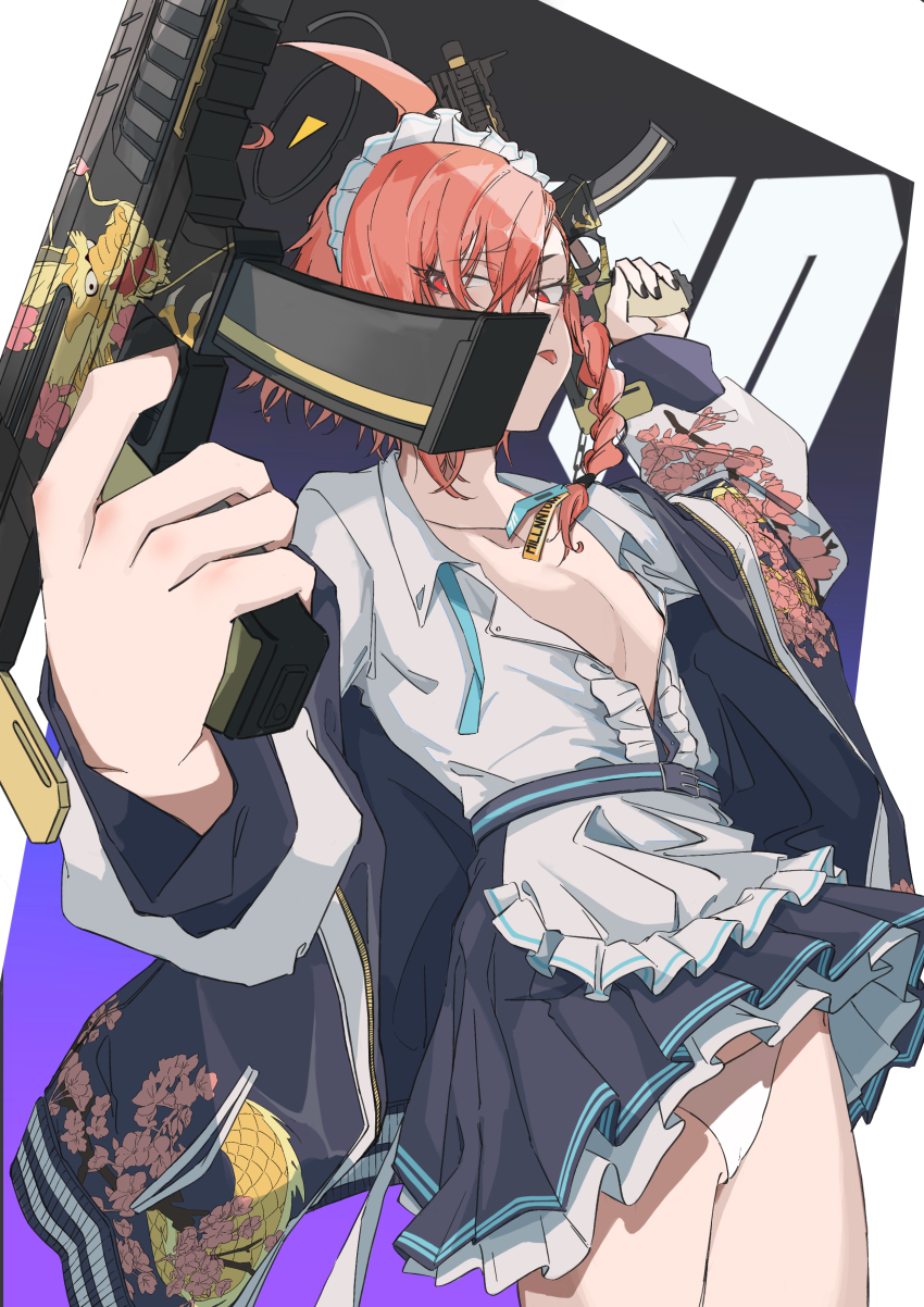 1girl, absurdres, adesu_(gekkahyouzin), ahoge, apron, asymmetrical_bangs, black_halo, black_nails, black_skirt, blue_archive, braid, breasts, clothes_lift, cowboy_shot, frilled_apron, frills, from_below, gun, halo, highres, holding, holding_gun, holding_weapon, huge_ahoge, jacket, maid_headdress, medium_hair, nail_polish, necktie, neru_(blue_archive), open_clothes, open_jacket, orange_hair, panties, pantyshot, red_eyes, shirt, sig_mpx, single_braid, skirt, skirt_lift, small_breasts, solo, submachine_gun, sukajan, tongue, tongue_out, underwear, undone_necktie, waist_apron, weapon, white_panties, white_shirt