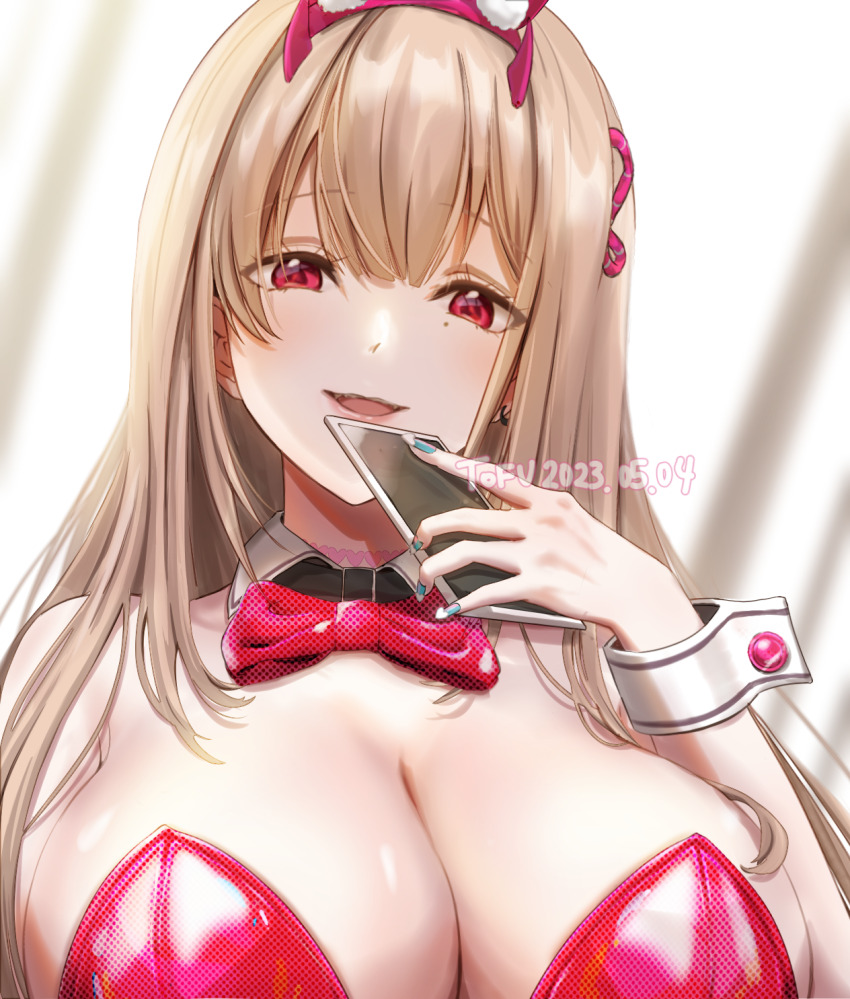 1girl, aqua_nails, artist_name, bare_shoulders, bow, bowtie, breasts, cellphone