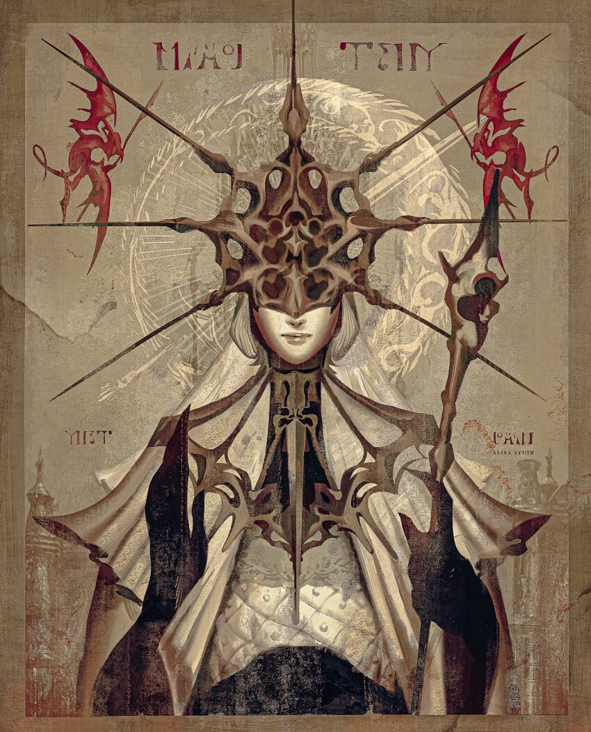 1boy, alisa_aydin, artist_name, covered_eyes, dark_souls_(series), dark_souls_i, dark_sun_gwyndolin, dress, flying, gargoyle, gold_headwear, helmet, helmet_over_eyes, highres, holding, holding_scepter, mask, polearm, robe, scepter, solo, spear, weapon, white_hair, wings