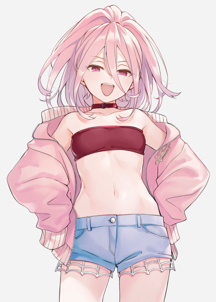 1girl, :d, bandeau, belt_collar, blue_shorts, collar, cowboy_shot, e_(eokiba), highres, jacket, kemono_jihen, navel, open_clothes, open_jacket, open_mouth, pink_eyes, pink_hair, pink_jacket, red_bandeau, red_collar, shorts, smile, solo, tademaru_aya, teeth, upper_teeth_only, wide_ponytail