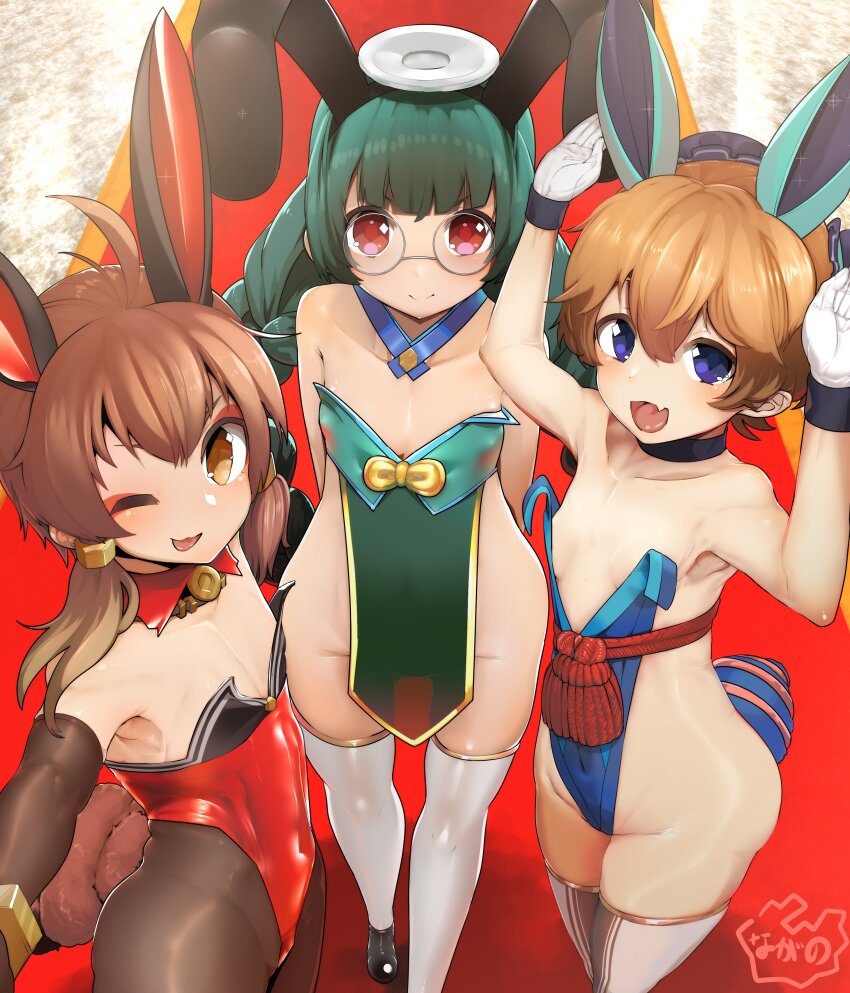 3girls, ;d, absurdres, ahoge, animal_ears, arm_up, armpits, bare_shoulders, black_footwear, blinking, blue_eyes, blue_leotard, breasts, brown_eyes, brown_hair, detached_collar, fang, female_focus, flat_chest, glasses, green_hair, green_leotard, highres, leotard, loli, long_hair, looking_at_viewer, low_twintails, messy_hair, monkey_wrench_(ole_tower), multiple_girls, nagano_(northern_nine_states), ole_tower, one_eye_closed, open_mouth, pantyhose, playboy_bunny, rabbit_ears, rabbit_pose, ratchet_wrench_(ole_tower), red_carpet, red_eyes, red_leotard, round_eyewear, shoes, short_hair, small_breasts, smile, socket_wrench_(ole_tower), standing, strapless, strapless_leotard, thighs, tongue, tongue_out, twintails