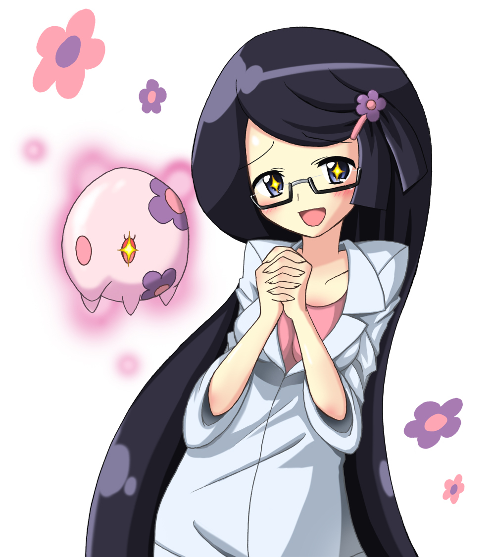 +_+, 10s, blue_eyes, blush, fennel_(pokemon), flower, gen_5_pokemon, glasses