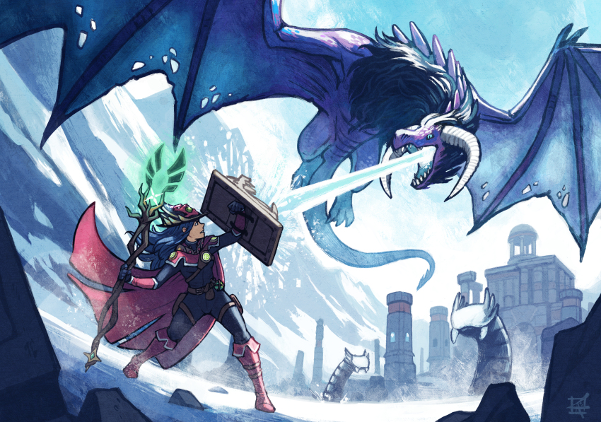 1girl, absurdres, angry, black_gloves, blizzard, blocking, blue_fire, blue_hair