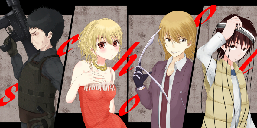 1girl, 3boys, bare_arms, bare_shoulders, black_hair, blonde_hair, breasts, brown_eyes