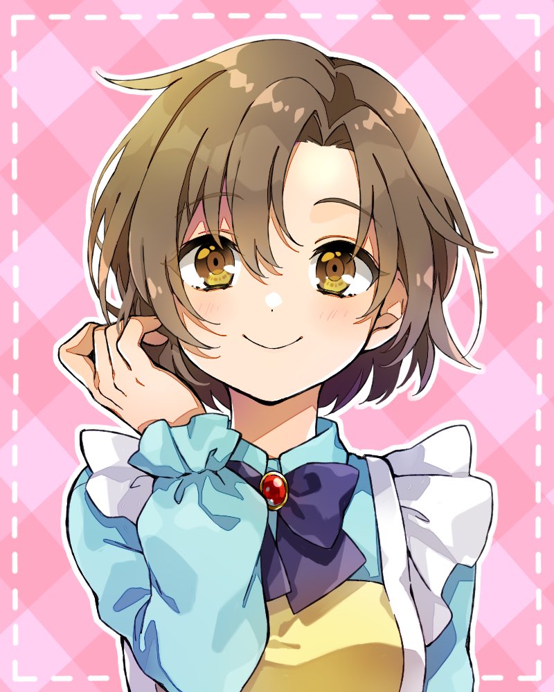 1girl, blue_dress, bokujou_monogatari, brown_eyes, brown_hair, dress, elli_(bokujou_monogatari), long_sleeves