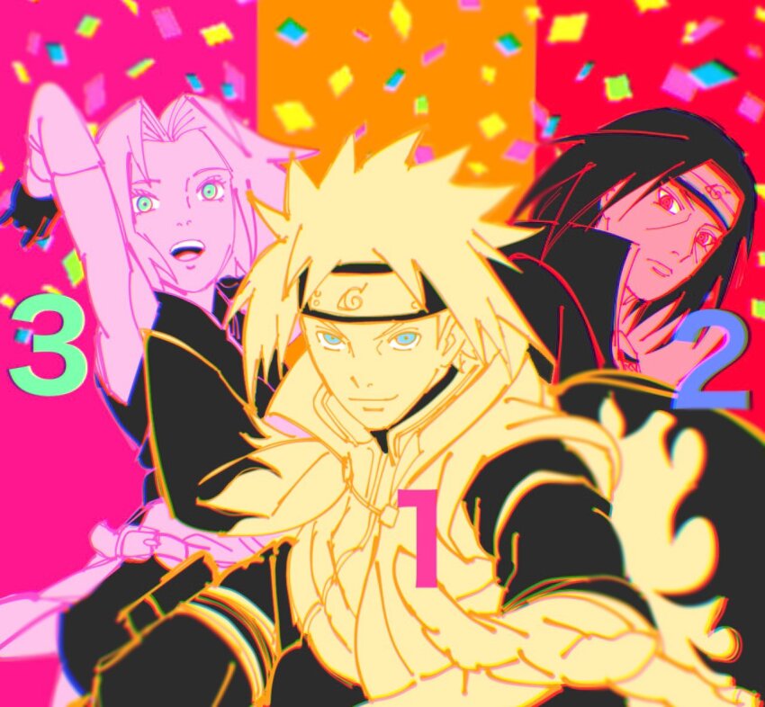 1girl, 2boys, arm_up, armpits, bandaged_leg, bandages, bike_shorts, bike_shorts_under_skirt, black_gloves, black_hair, black_vest, blonde_hair, blue_eyes, confetti, dress, elbow_sleeve, flame_print, forehead_protector, gloves, green_eyes, haruno_sakura, high_collar, hokage, k00399608, long_sleeves, miniskirt, monochrome, multiple_boys, namikaze_minato, naruto_(series), naruto_shippuuden, open_mouth, pink_hair, red_eyes, skirt, sleeveless, sleeveless_dress, sleeveless_jacket, smile, spiked_hair, spot_color, uchiha_itachi, vest