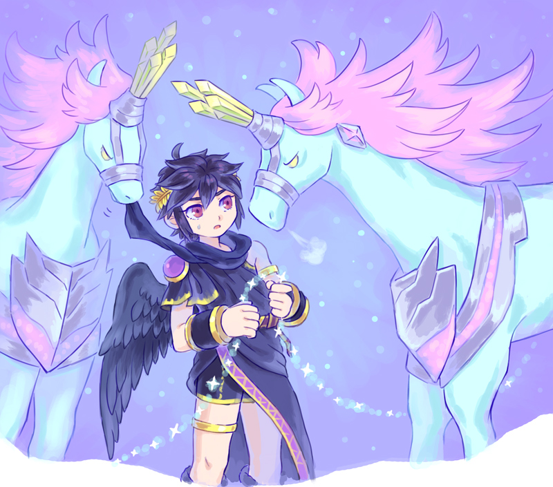 1boy, angel, angel_wings, animal_ears, black_wings, dark_pit, eating_clothes, feathered_wings