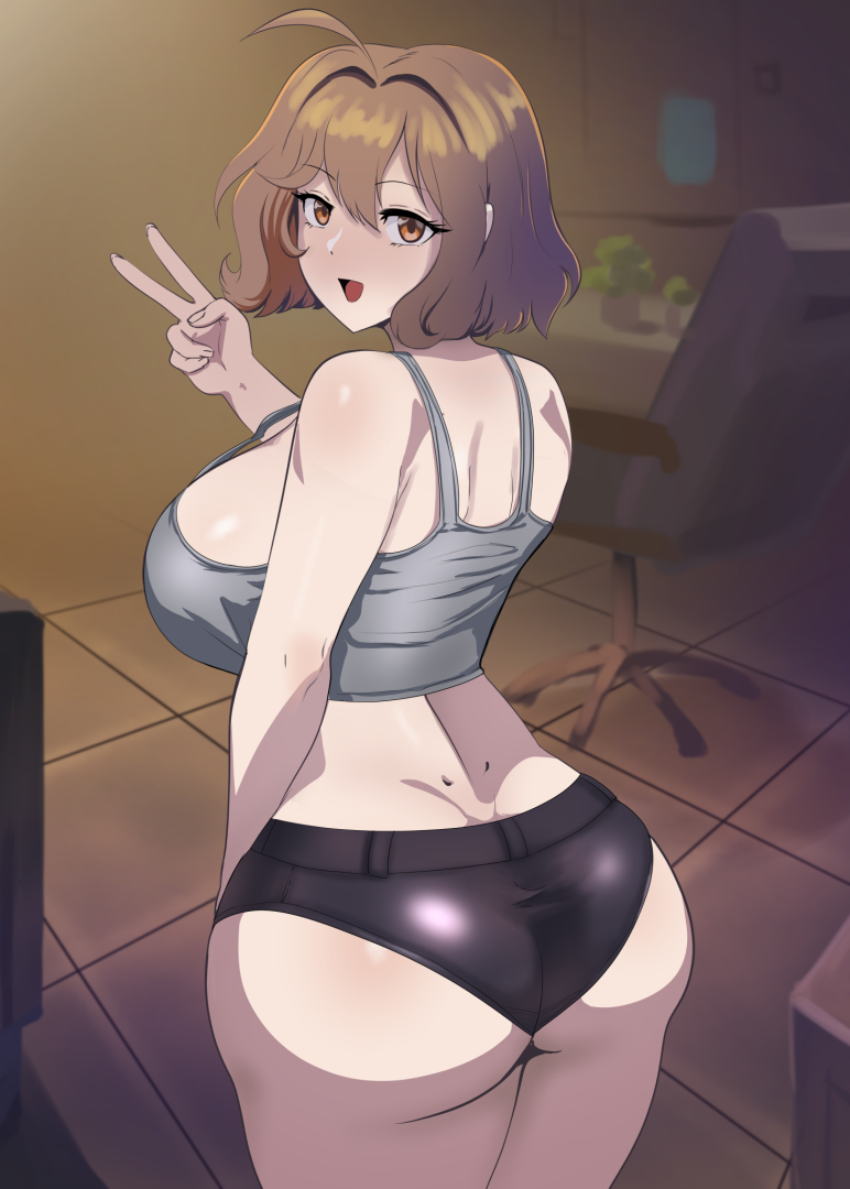 1girl, :d, ahoge, anis_(nikke), ass, black_shorts, breasts, brown_hair, chair, cowboy_shot, crop_top, from_behind, goddess_of_victory:_nikke, grey_shirt, gudakoguda, hair_intakes, indoors, large_breasts, looking_at_viewer, looking_back, micro_shorts, office_chair, open_mouth, shirt, short_hair, shorts, smile, solo, swivel_chair, v, yellow_eyes