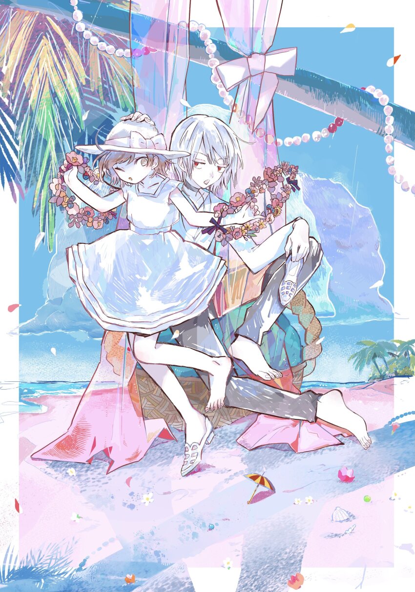 1boy, 1girl, absurdres, accelerator_(toaru_majutsu_no_index), age_difference, albino, androgynous, basket, beach, black_choker, blue_sky, border, bow, brown_eyes, brown_hair, child, choker, cloud, curtains, dress, electrodes, falling_petals, fingernails, flower_wreath, full_body, grey_pants, hanging_props, hat, hat_bow, headpat, highres, holding, holding_shoes, holding_unworn_clothes, holding_wreath, knee_up, last_order_(toaru_majutsu_no_index), leaf, long_sleeves, looking_at_another, no_shoes, ocean, one_eye_closed, open_mouth, pale_skin, palm_tree, pants, petalo55, petals, red_eyes, sand, sanpaku, scenery, shadow, shirt, shoes, short_dress, short_sleeves, sitting, sitting_on_object, sky, standing, sun_hat, sundress, toaru_majutsu_no_index, traditional_media, tree, unworn_shoes, water, waves, white_border, white_dress, white_footwear, white_hair, white_headwear, white_shirt