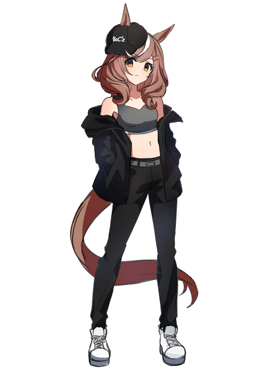 1girl, animal_ears, bare_shoulders, baseball_cap, black_hat, black_jacket, black_pants, boc'z_(umamusume), breasts, brown_hair, ears_through_headwear, full_body, hat, highres, horse_ears, horse_girl, horse_tail, jacket, jacket_partially_removed, matikanetannhauser_(umamusume), matikanetannhauser_(boc'z)_(umamusume), medium_breasts, medium_hair, midriff, mochiyukimi21, multicolored_hair, navel, official_alternate_costume, pants, shoes, sneakers, solo, sports_bra, streaked_hair, tail, umamusume, white_shoes, yellow_eyes