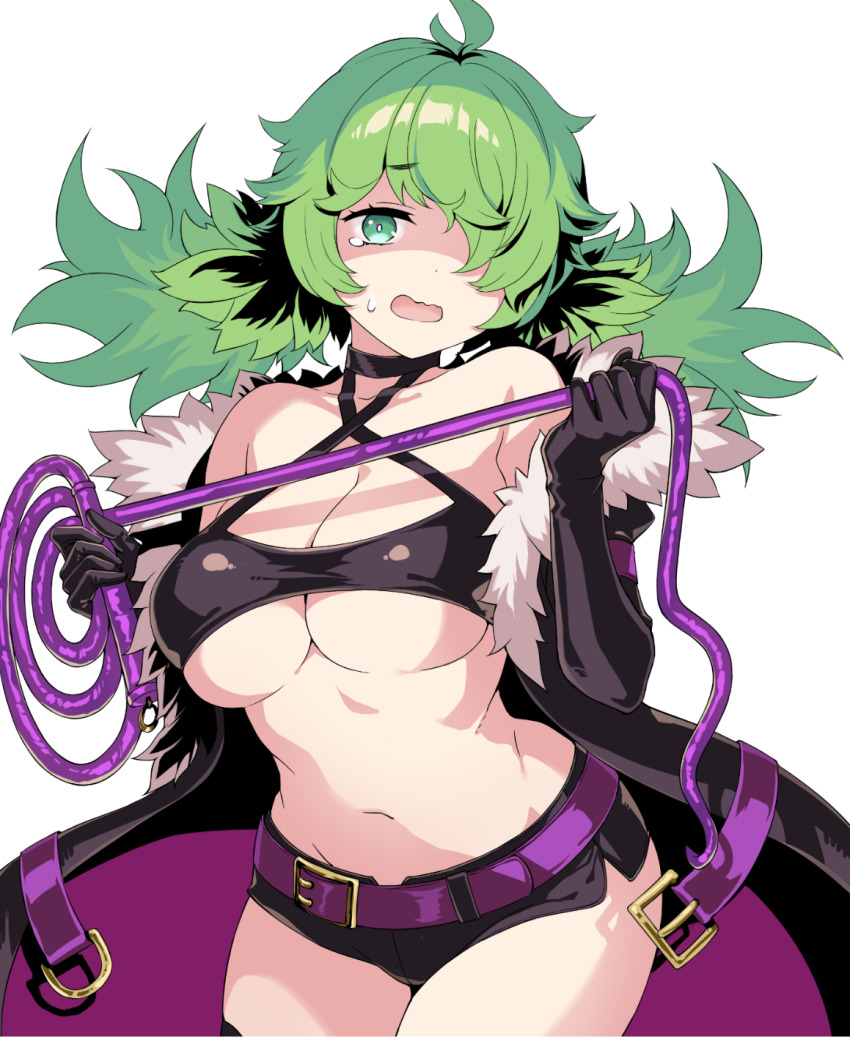 1girl, bare_shoulders, belt, black_choker, black_gloves, breasts, cape, choker, commentary_request, cowboy_shot, criss-cross_halter, dark_hunter, dark_hunter_(sekaiju), dark_hunter_5, e_(eokiba), elbow_gloves, etrian_odyssey, gloves, green_eyes, green_hair, hair_over_one_eye, halterneck, highres, large_breasts, midori_dakuko, navel, sekaiju_no_meikyuu, sekaiju_no_meikyuu_hd, short_shorts, shorts, sweatdrop, underboob, wavy_mouth