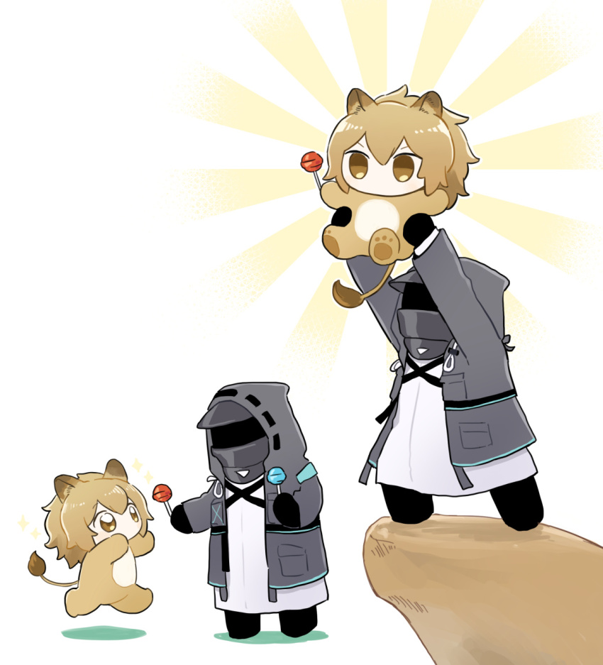 1girl, 1other, animal_ears, arknights, black_jacket, candy, cliff, doctor_(arknights), food, gloves, highres, hood, hooded_jacket, jacket, lifting_person, lion_ears, lion_girl, lion_tail, lollipop, long_sleeves, siege_(arknights), soppos, tail, the_lion_king