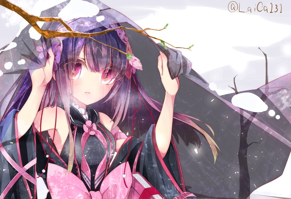 1girl, bare_shoulders, bare_tree, black_dress, black_hair, bow, branch, bud