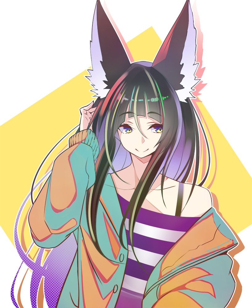 1girl, animal_ear_fluff, animal_ears, black_hair, blunt_bangs, brown_jacket, closed_mouth, collarbone