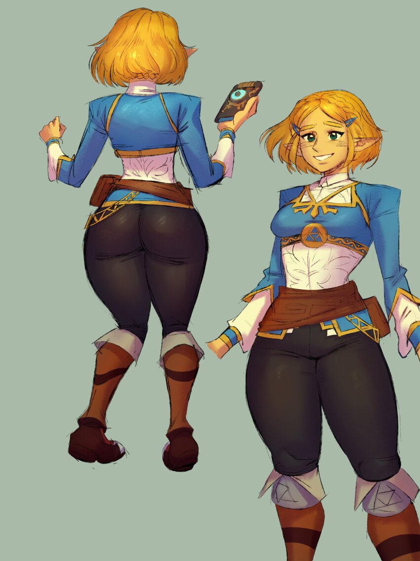 absurdres, alternate_hairstyle, ass, belt_pouch, black_pants, blonde_hair, blue_shirt, blue_vest, boots, braid, corset, cowboy_shot, cropped_arms, crown_braid, forehead, full_body, green_eyes, hair_ornament, hairclip, highres, holding, juliet_sleeves, leather, leather_boots, long_sleeves, multiple_views, nintendo, official_alternate_hair_length, official_alternate_hairstyle, pants, pill6w, pointy_ears, pouch, princess_zelda, puffy_sleeves, sheikah_slate, shirt, short_hair, simple_background, smile, standing, the_legend_of_zelda, the_legend_of_zelda:_breath_of_the_wild, the_legend_of_zelda:_tears_of_the_kingdom, thighs, triforce, triforce_print, vest