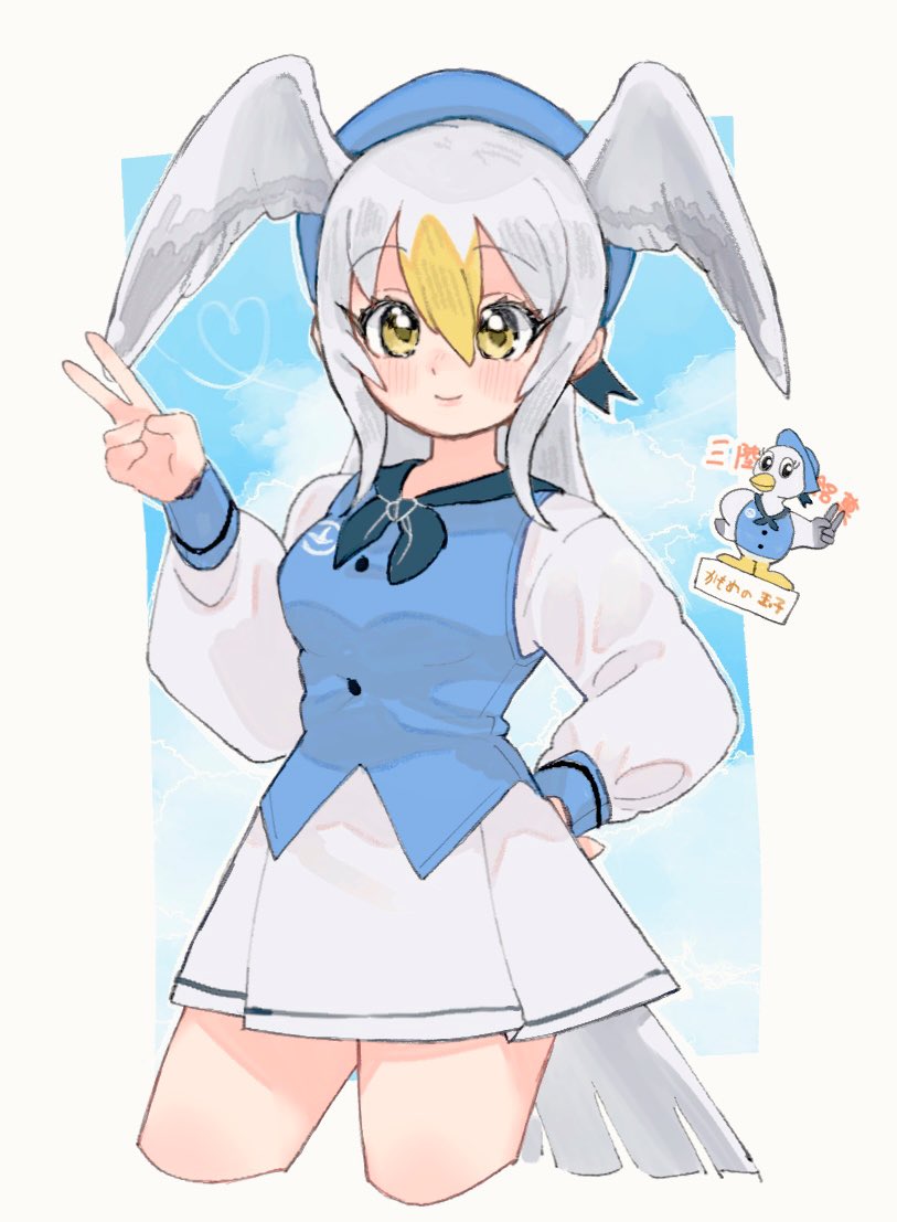 1girl, alternate_costume, bird_girl, bird_tail, bird_wings, blonde_hair, blue_hat, blue_neckerchief