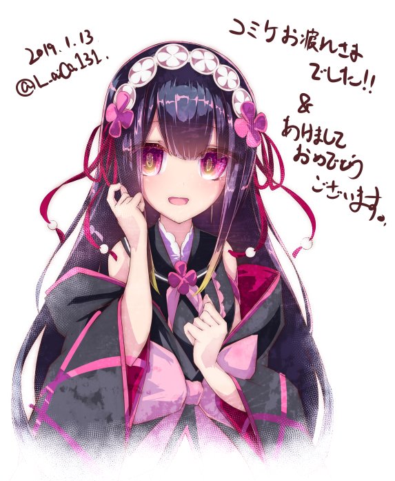 1girl, bare_shoulders, black_dress, black_hair, bow, clenched_hand, dated, detached_sleeves