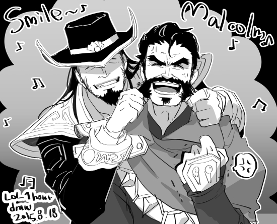 2boys, anger_vein, bara, beard, couple, cowboy_hat, facial_hair, graves_(league_of_legends)