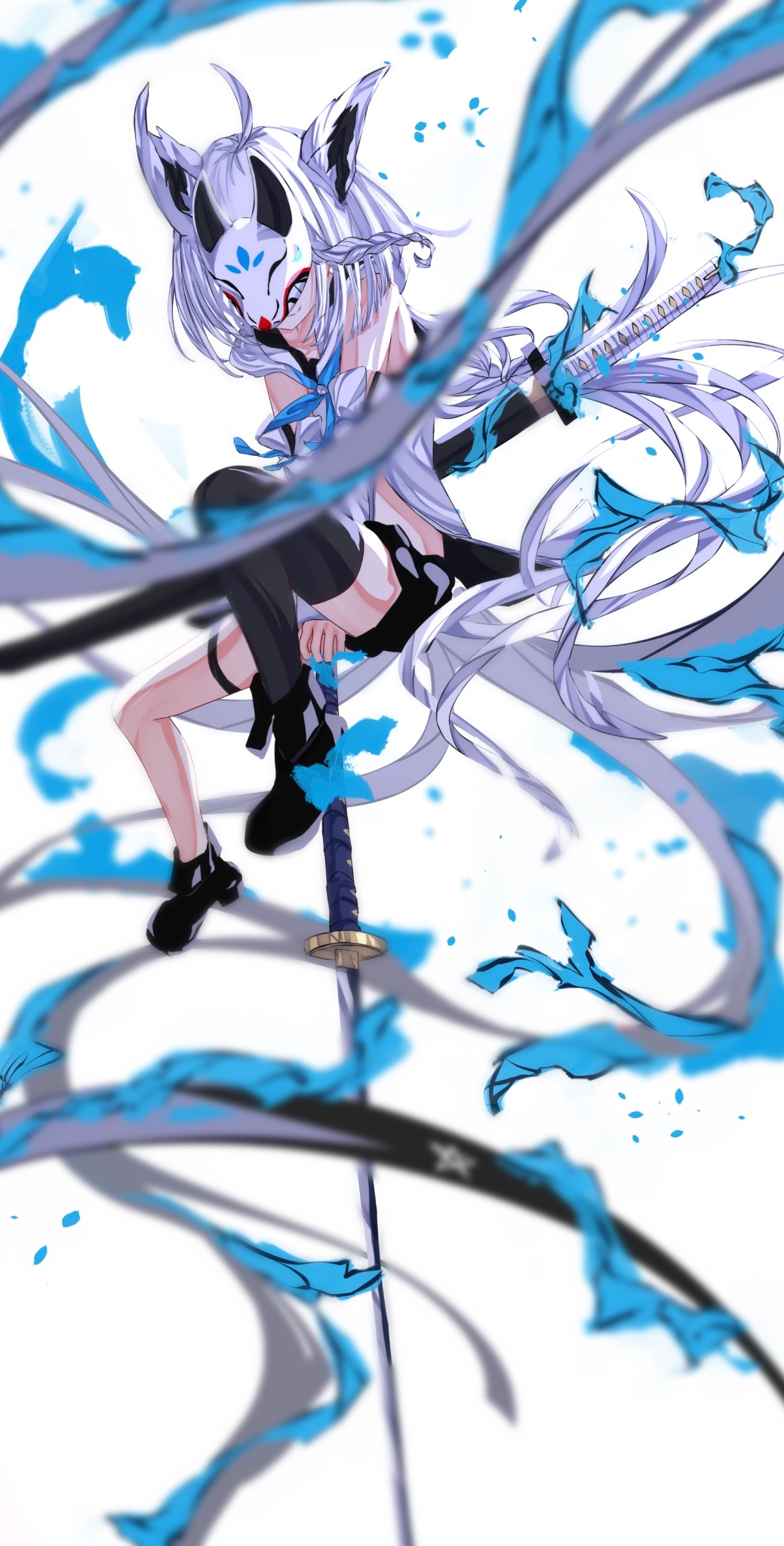 1girl, ahoge, animal_ear_fluff, animal_ears, black_shorts, black_thighhighs, blue_neckerchief, blurry, blurry_foreground, braid, commentary_request, detached_sleeves, facing_viewer, fox_ears, fox_girl, fox_mask, fox_tail, hair_between_eyes, highres, hololive, hood, hoodie, katana, long_hair, mask, neckerchief, pentagram, sheath, sheathed, shirakami_fubuki, shirakami_fubuki_(1st_costume), short_shorts, shorts, sidelocks, simple_background, single_braid, single_thighhigh, smile, solo, sword, sword_on_back, tail, tatsunami1379, thigh_strap, thighhighs, very_long_hair, virtual_youtuber, weapon, weapon_on_back, white_background, white_hair, white_hoodie